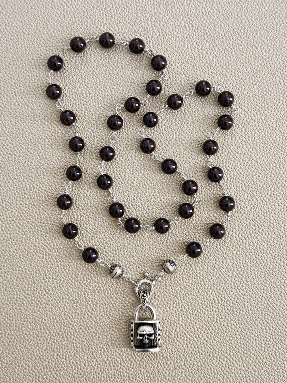 ROCKSTAR..GARNET NECKLACE W/ 925 SILVER SKULL LOCK--24"